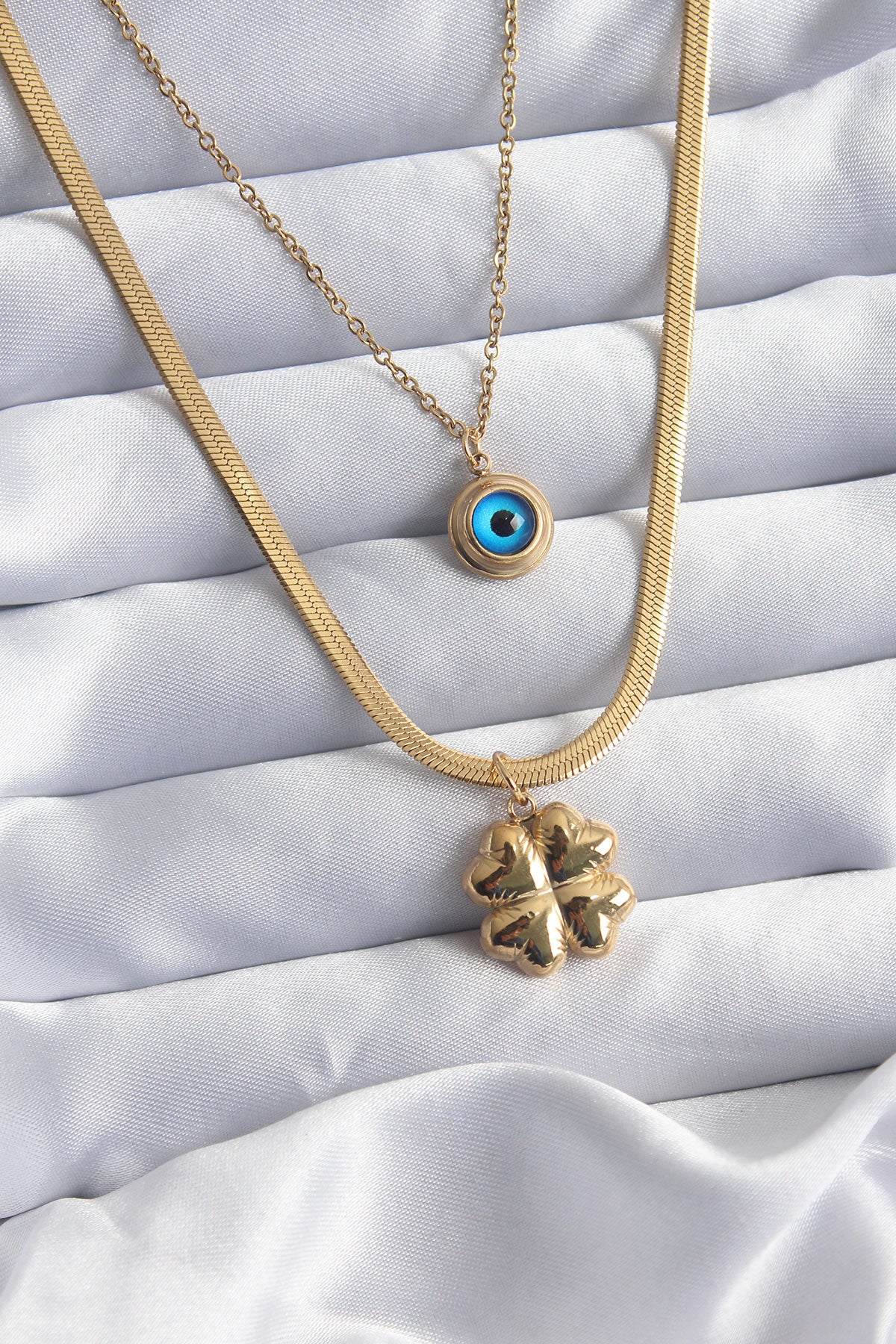 316L Steel Gold Color 2-Piece Chain Italian Chain Model Clover Figure Evil Eye Bead Detail Women's Necklace