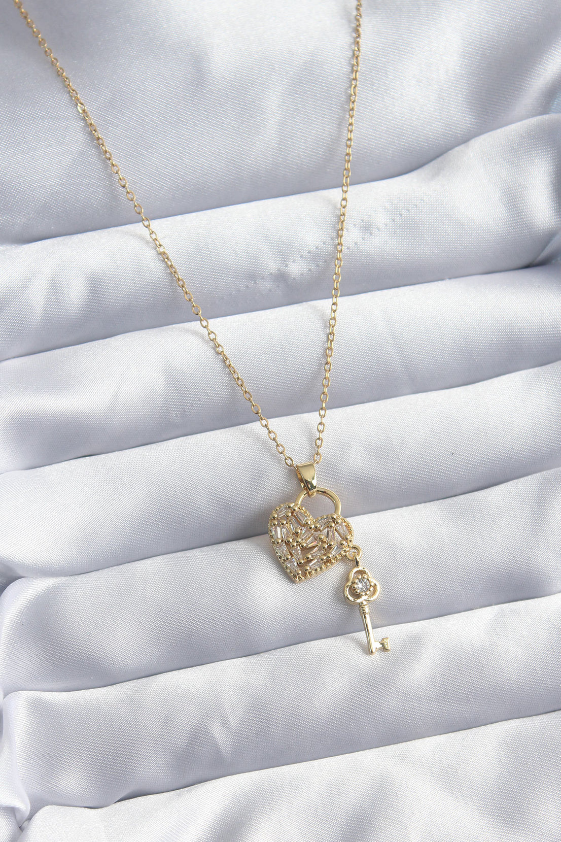 316L Steel Chain Gold Color Zircon Stone Heart &amp; Key Model Women's Necklace
