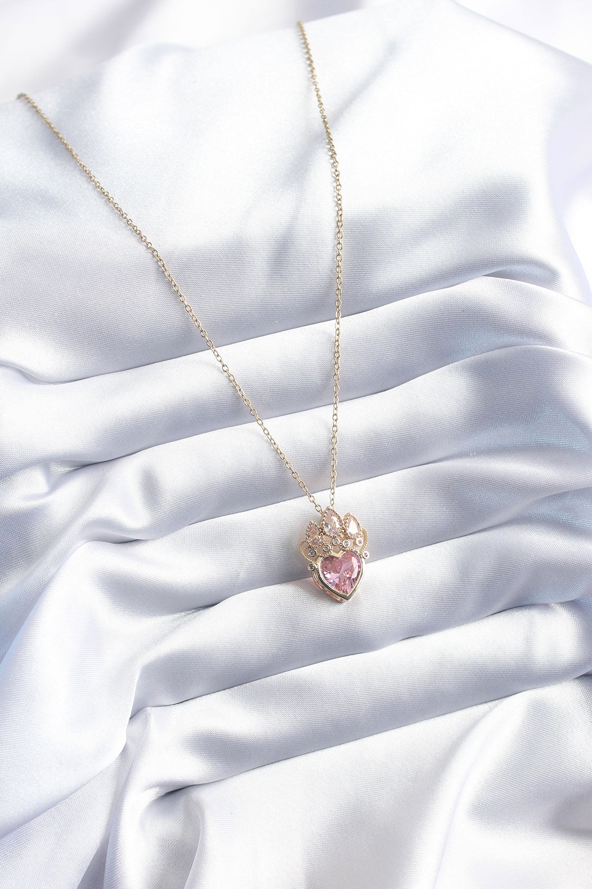 316L Çelik Gold Renk Pembe Zirkon Taşlı Kalp Model Kadın Kolye