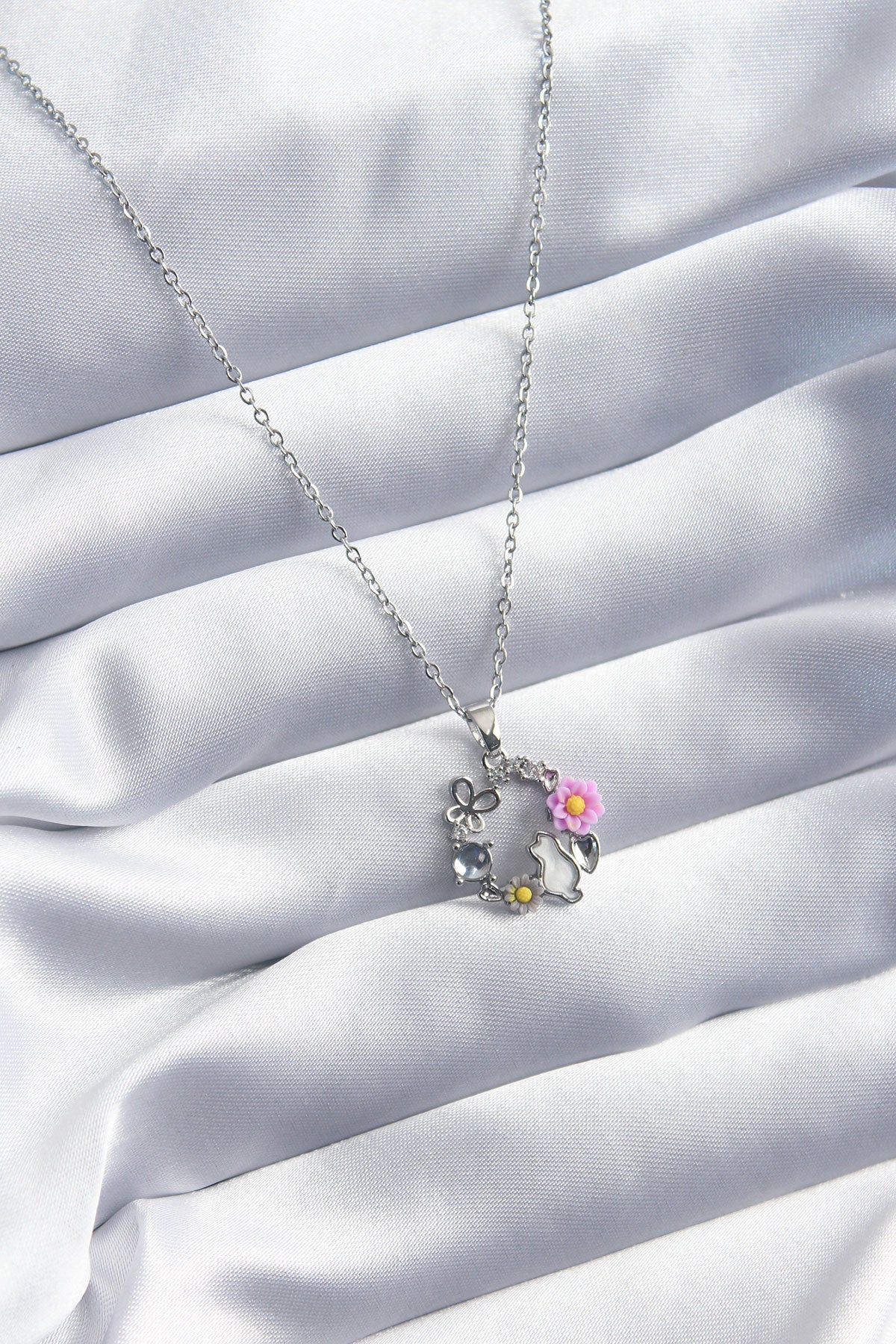 316L Steel Silver Color Cat Flower Butterfly Figure Women's Necklace