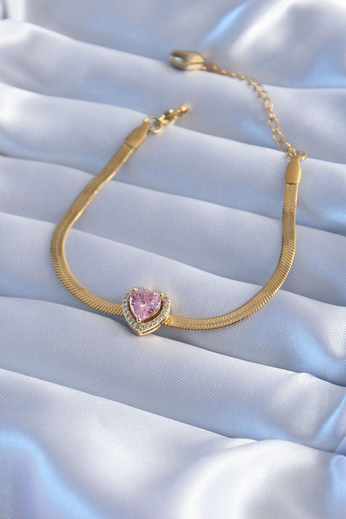 316L Çelik Gold Renk İtalyan Zincir Pembe Zirkon Taş Kalp Charm Model Kadın Bileklik
