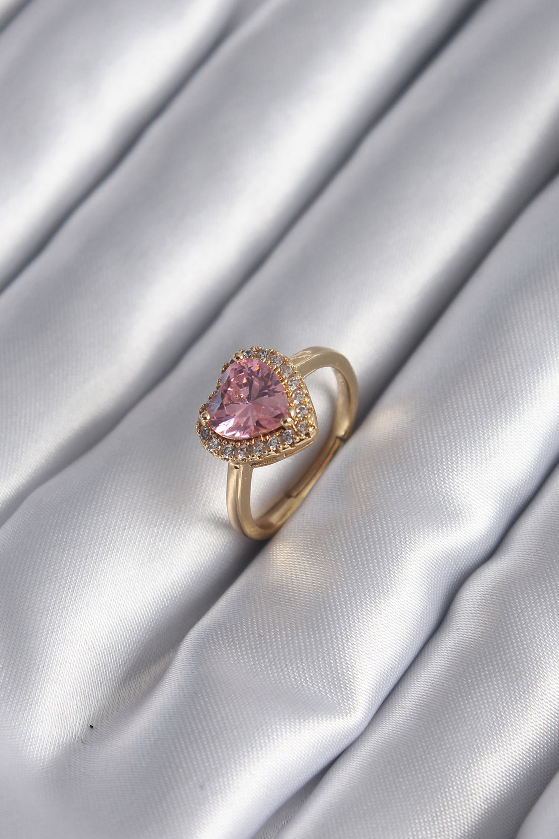 Brass Gold Color Pink Zircon Stone Heart Charm Model Women's Ring