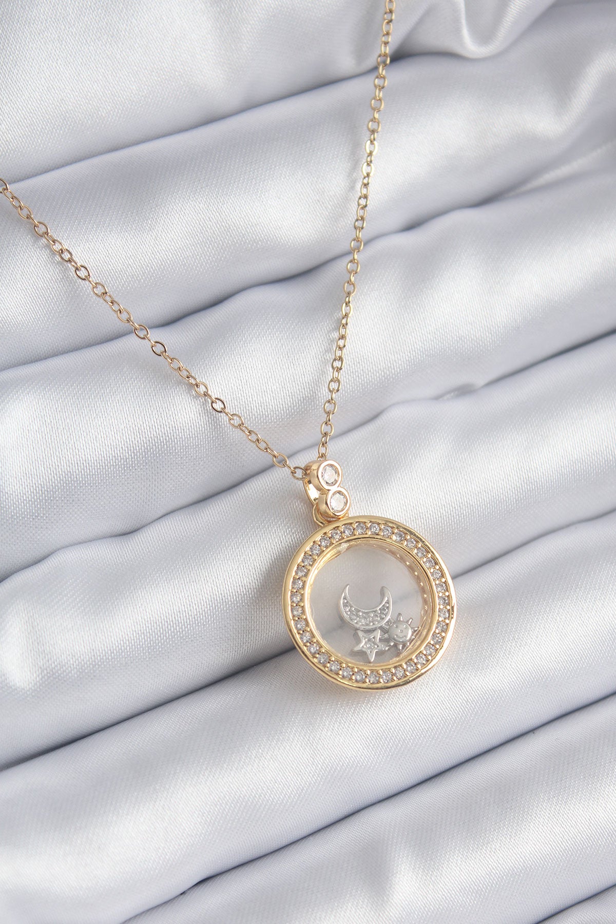 316L Steel Gold Color Zircon Stone Detail Moon Star Bell Model Women's Necklace