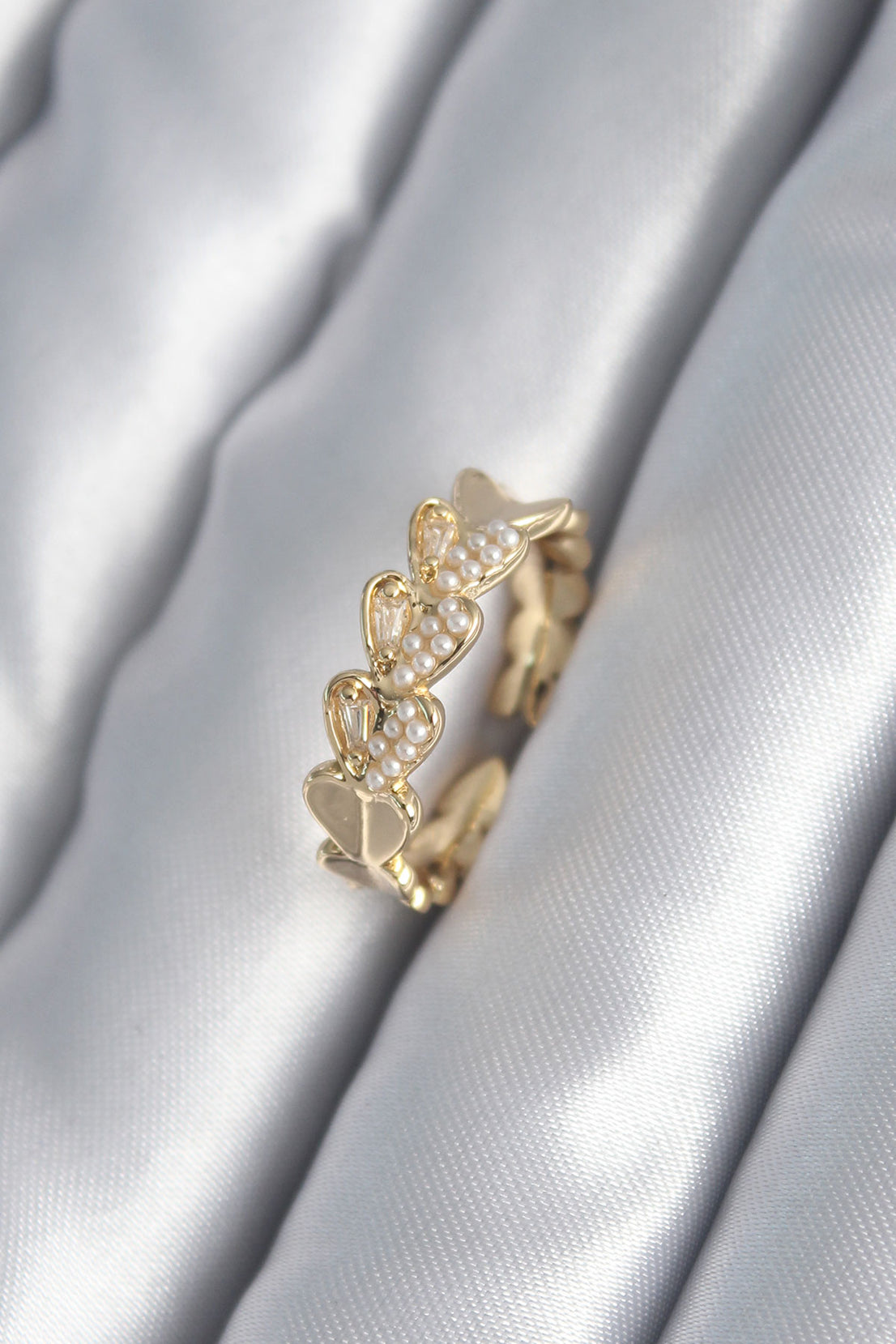 Brass Gold Color Heart Model Pearl Detail Women's Ring