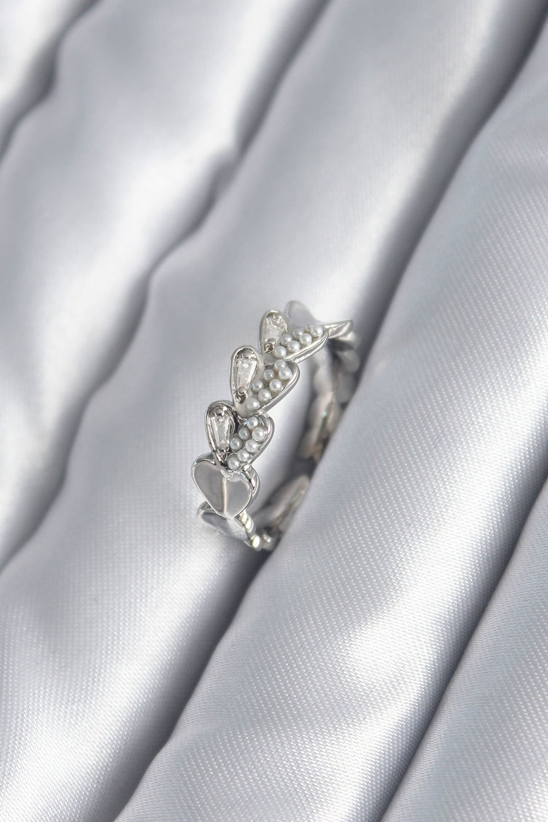 Brass Silver Color Heart Model Pearl Detail Women's Ring