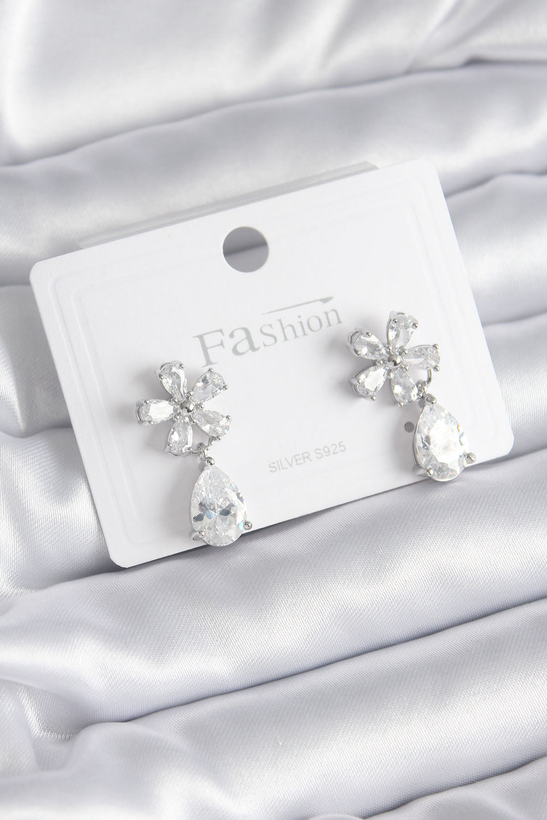Brass Silver Color Zircon Stone Flower Model Drop Model Women's Earrings