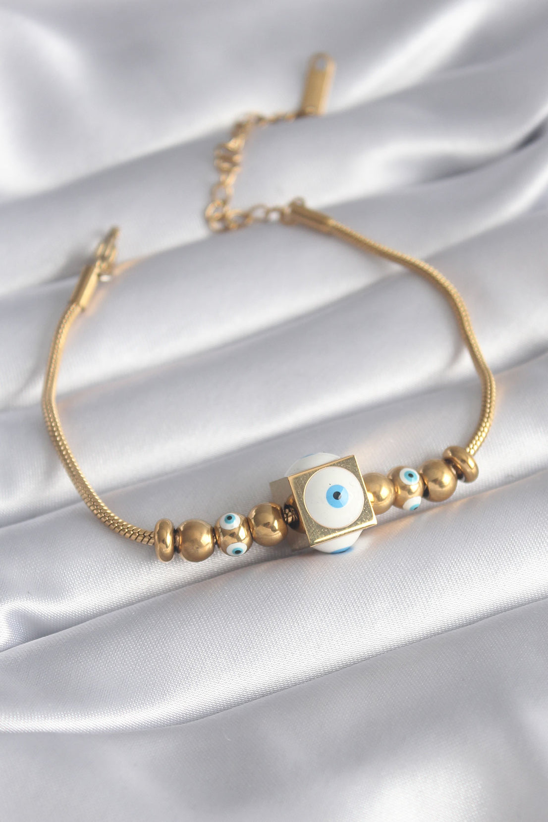 316L Steel Gold Color Square Evil Eye Bead Detail Women's Bracelet