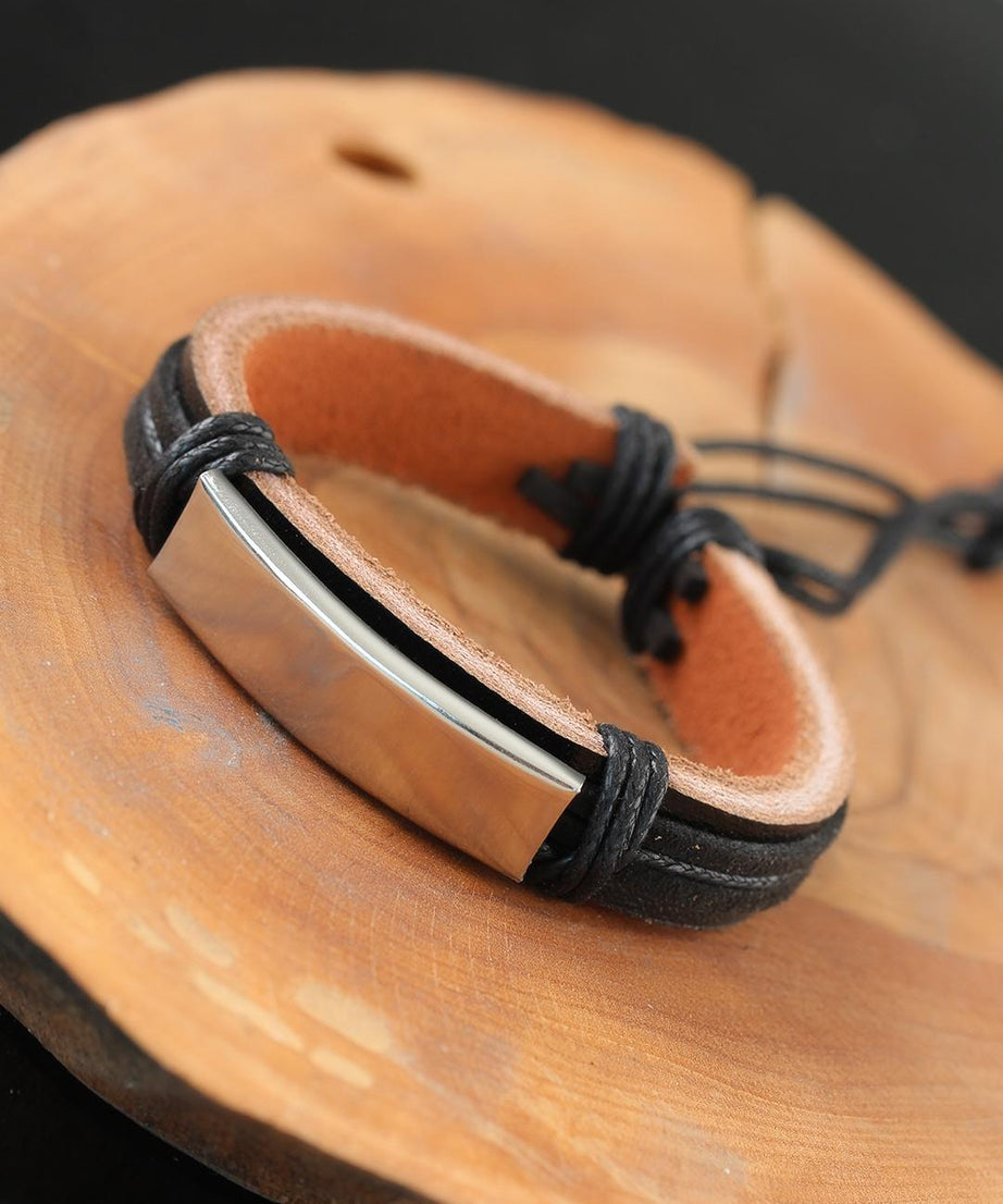 Black Color Leather Men's Bracelet with Steel Accessories