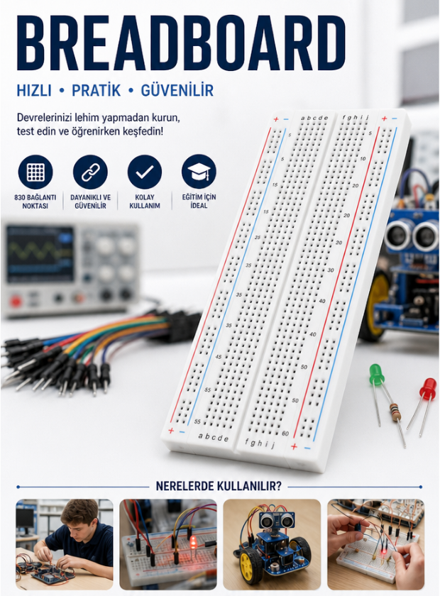 830 Delikli Büyük Boy Breadboard, Lehim Gerektirmeyen Prototip Devre Tahtası, Elektronik Deney Kartı