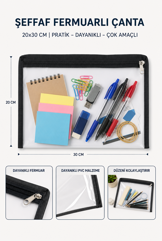 Şeffaf Fermuarlı Organizer Çanta 20x30 cm Çok Amaçlı Valiz Seyahat Makyaj Kozmetik Düzenleyici