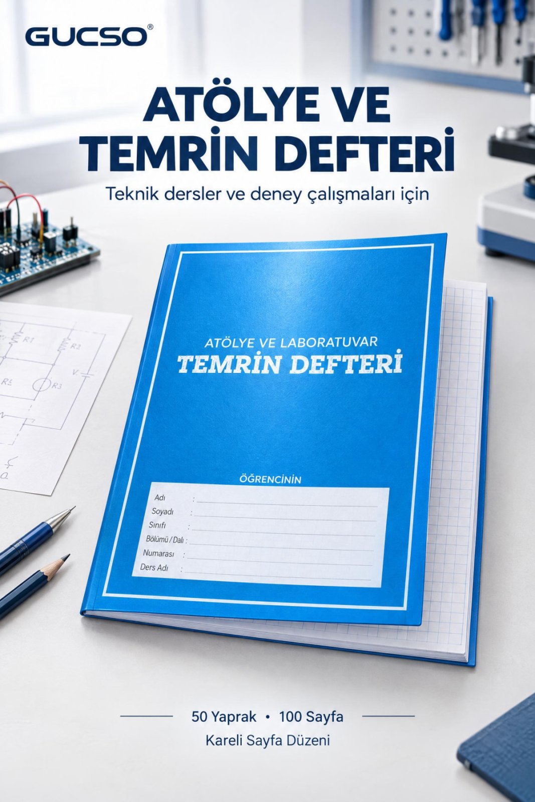 Atölye Laboratuvar Deney ve Temrin Defteri 50 Yaprak 100 Sayfa Kareli Teknik Ders Elektrik Elektronik Defteri