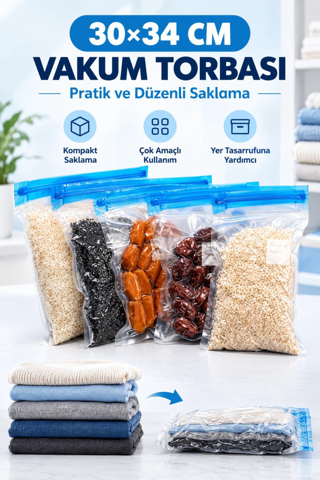 Vakum Torbası, 30x34 cm, Hava Geçirmez Saklama Torbası, Meyve-Sebze Kıyafet Hurç Depolama Poşeti