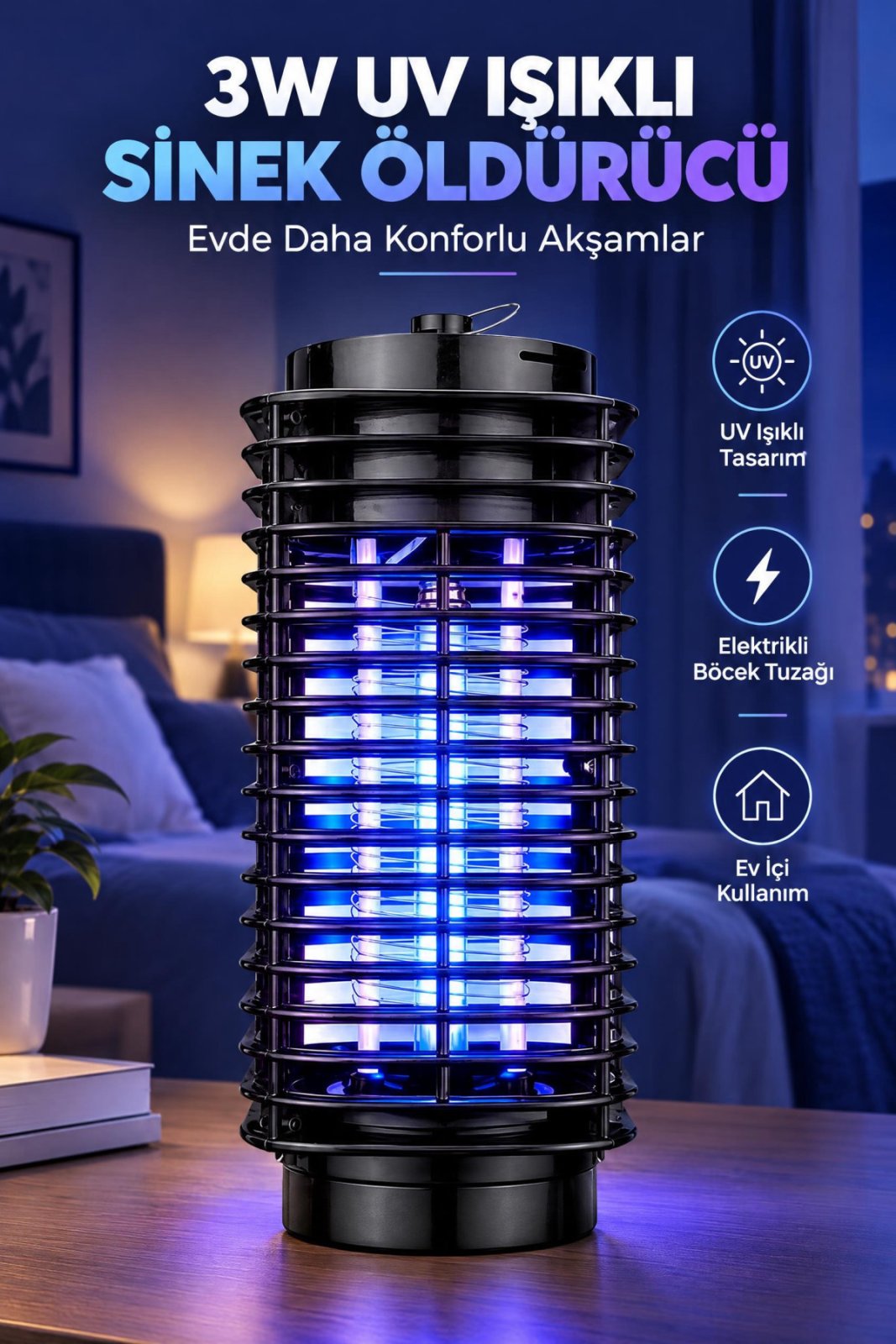 Sinek Öldürücü 3W UV Işıklı Elektrikli Böcek Kovucu Cihaz Sivrisinek Lambası Sessiz Gece Kullanım İçin Ev Tipi Haşere Tuzak Lambası