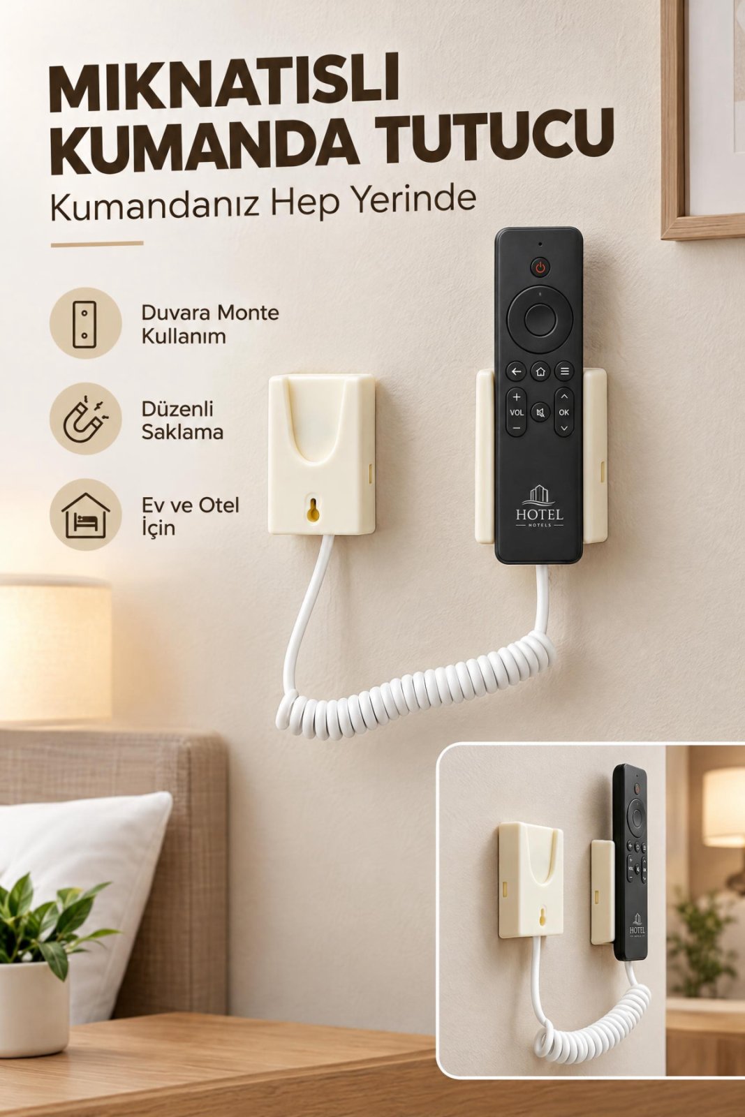 Duvara Montaj Mıknatıslı Kumanda Tutucu – Otel Tipi TV & Klima Kumanda Sabitleme Aparatı