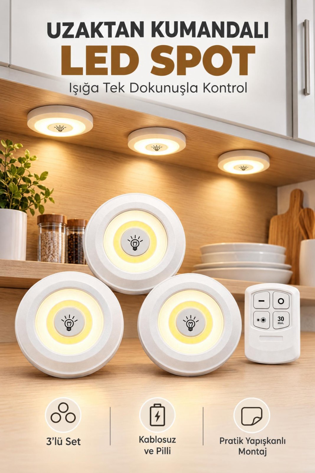 Uzaktan Kumandalı Kablosuz Pilli LED Spot Lamba 3’lü Yapışkanlı Dolap Altı Aydınlatma Gece Lambası Mutfak Raf Işığı