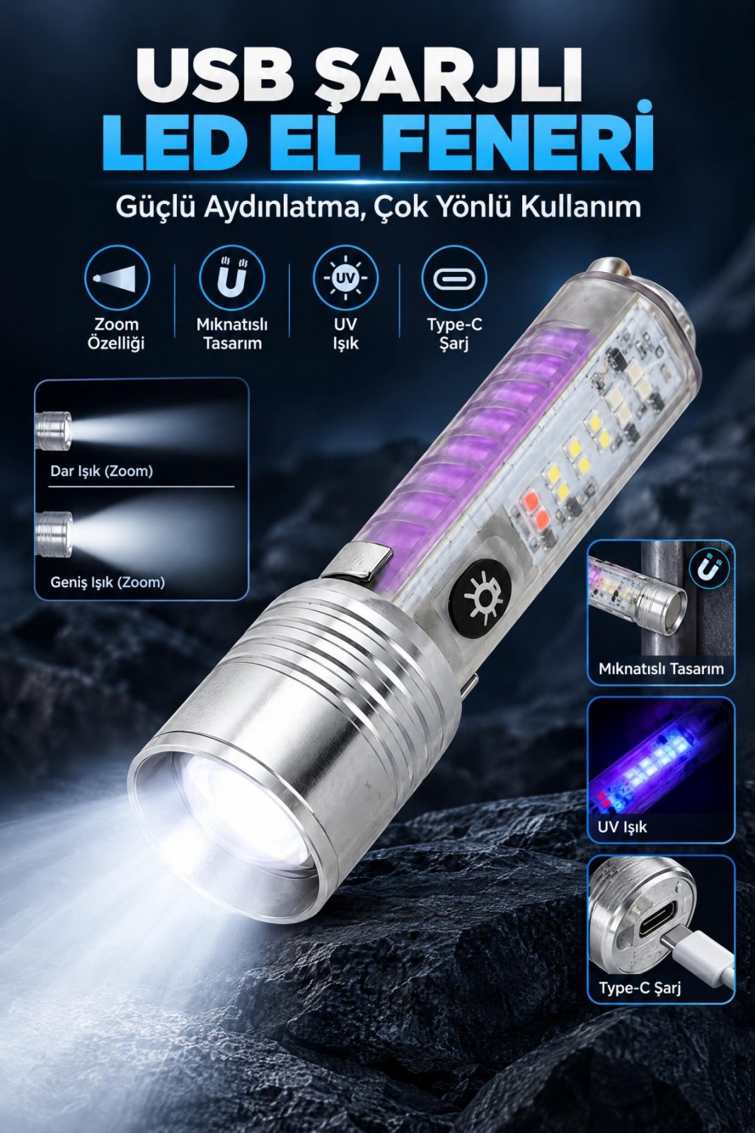 USB Şarjlı El Feneri 2000 Lümen Zoomlu Mıknatıslı UV Işıklı Type-C Şarjlı Güçlü LED Fener