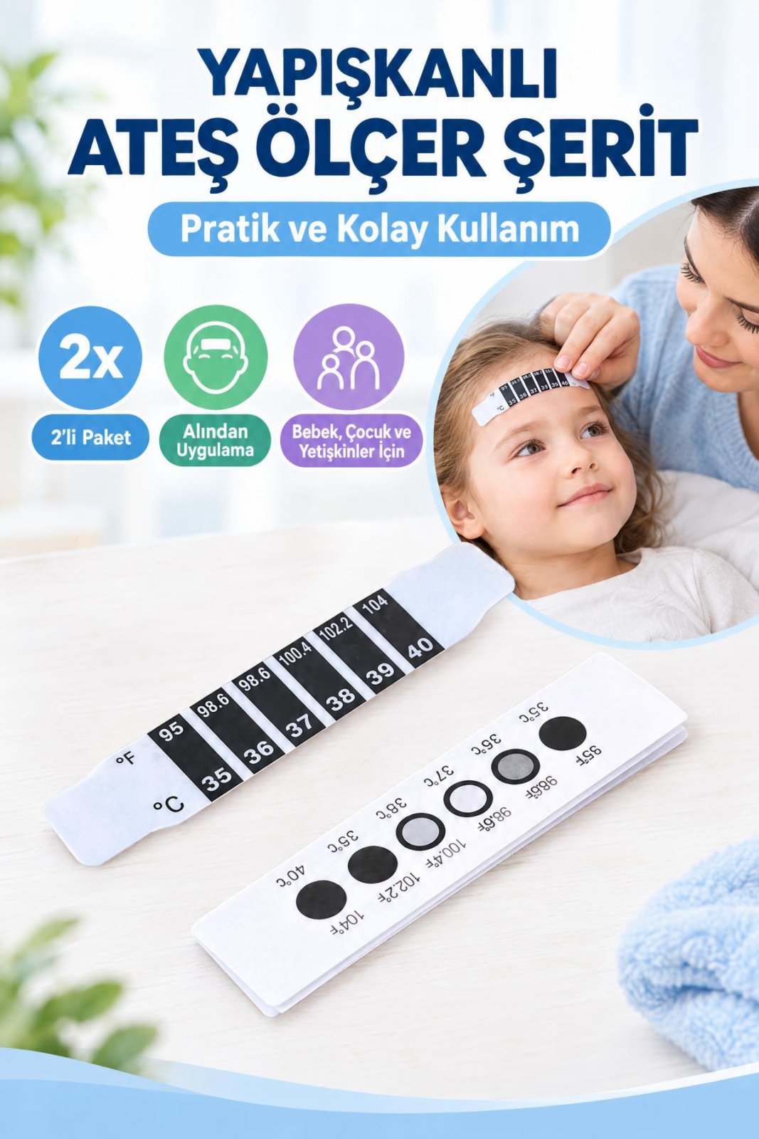 2'li Yapışkanlı Alından Ateş Ölçer Şerit Bebek Çocuk Yetişkin İçin Temassız Vücut Isı Ölçüm Bandı