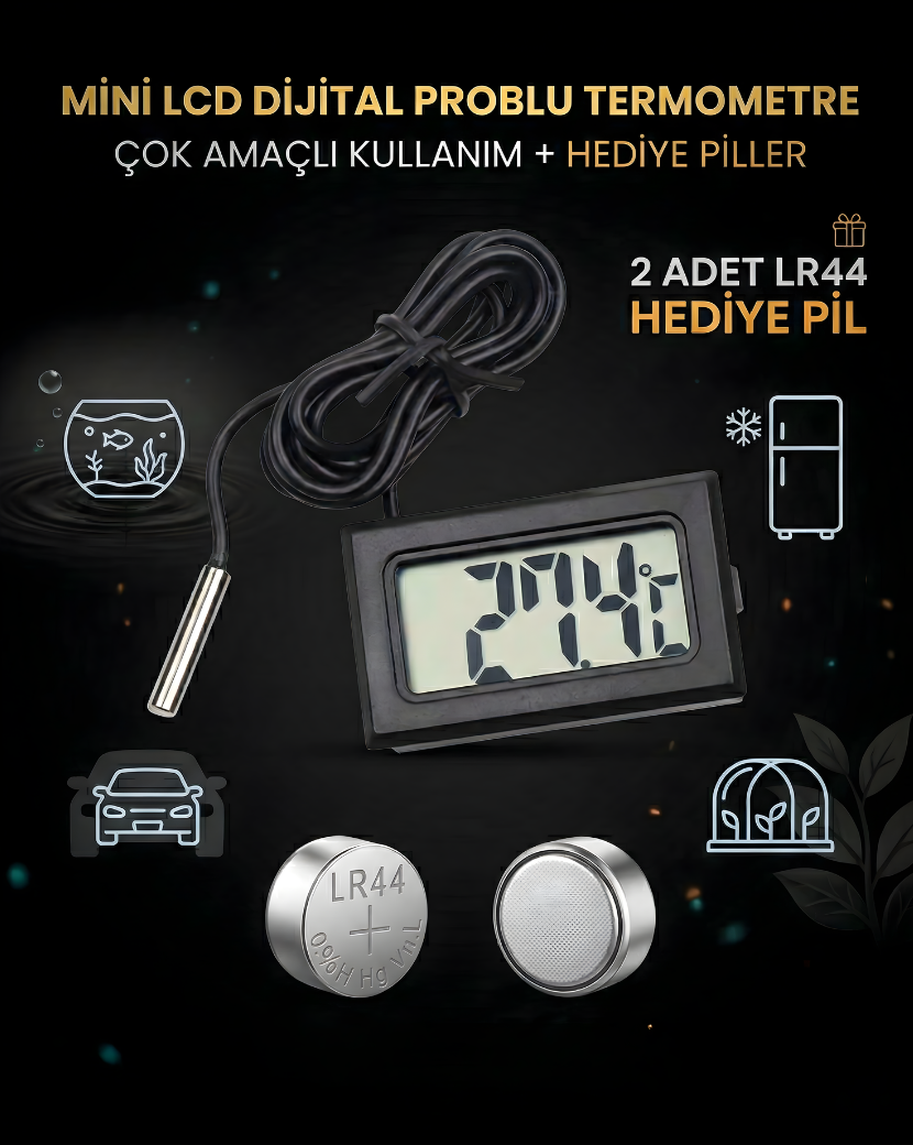 Mini Dijital Sıcaklık Ölçer Problu Termometre – Akvaryum, Araç İçi, Sera ve Dolap İçin