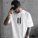 Gucso Erkek Bisiklet Yaka Siyah Beyaz Şeritli Pause Yazı Baskılı Oversize T-Shirt - Beyaz (M Beden)