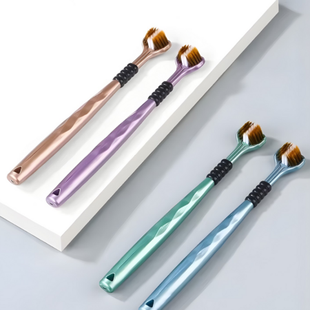 2'li 3 Taraflı Diş Fırçası, Yumuşak Konforlu Üç Başlı Diş Fırçası, Dil Kazıyıcılı, Çocuk Diş Fırçası